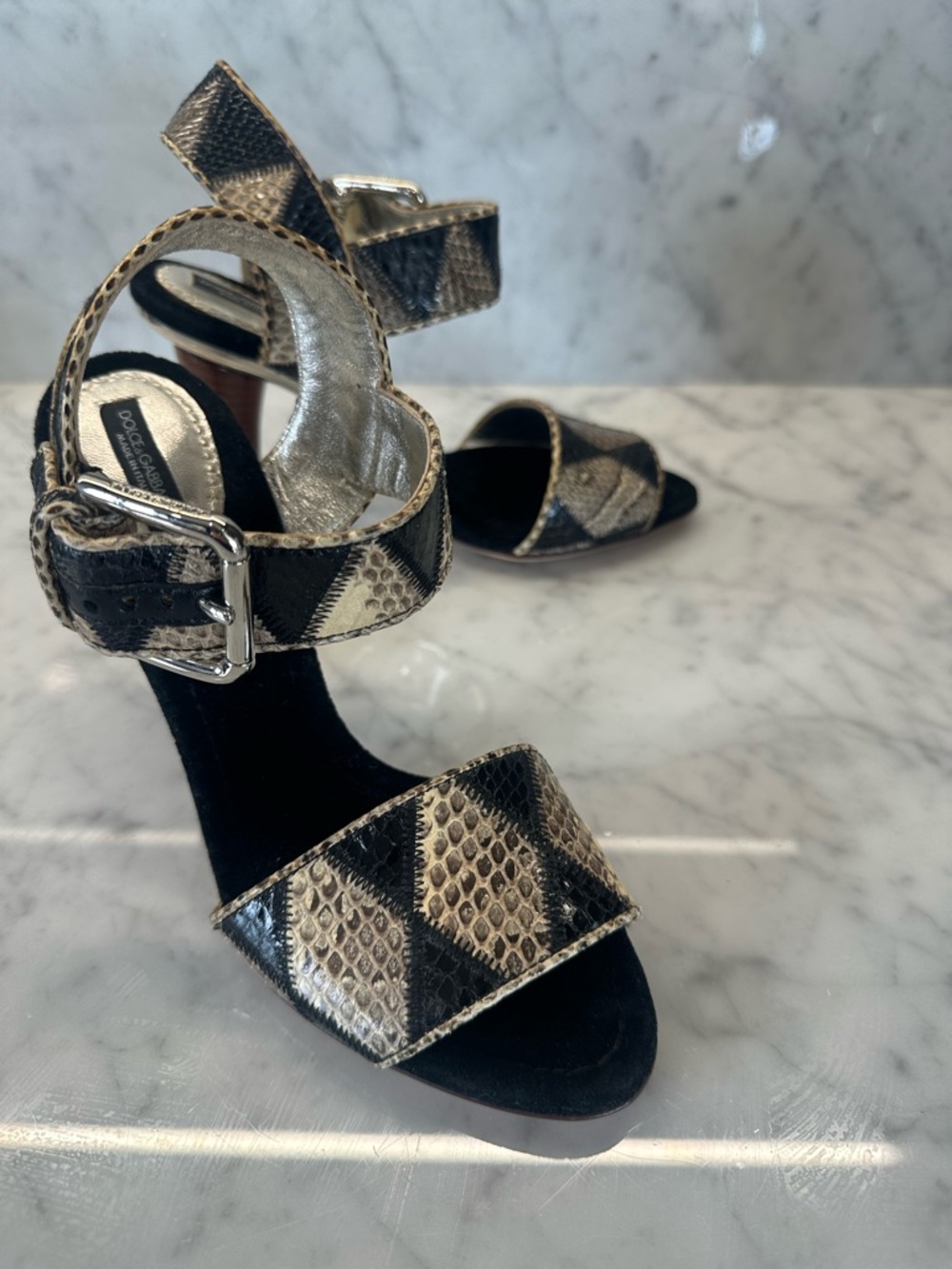 Dolce & Gabbana Black and Cream Snakeskin-Pattern Ankle Strap Sandals